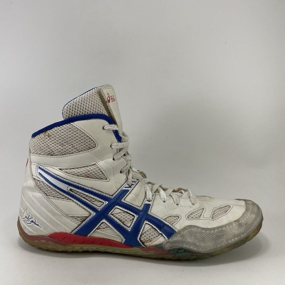 ASICS Cael Sanderson V2 White Wrestling Shoe Size 10.5 White/Blue/Red JY501